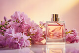 Fototapeta Miasto - Perfume bottle with flowers on pastel color background