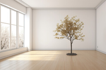 Small tree in empty room with parqeut floor and big windows