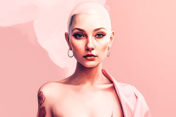 artistic illustration of a woman with cancer. dominant pink color