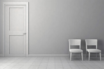 Minimalistic room with two white chairs and white door with grey wall