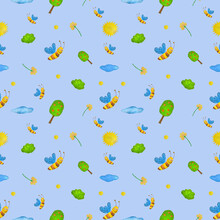 
Cute Watercolor Seamless Pattern With Bees, Sun And Clouds. Patterns For Children, Characters, For A Girl, For A Boy. Suitable For Wrapping Paper, Textile, Holiday Decoration For Children, Printing 
