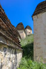 Wall Mural - medieval tombs in the city of the dead Dargavs necropolis with picturesque mountain and sky landscape on the background