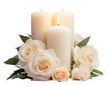 Three White Burning Candles Surrounded By White Roses. Isolated On Transparent Background. KI.
