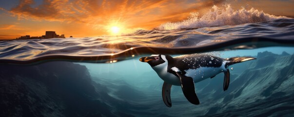 Swimming penguin  in clear ocean water, under water sunset view panorama. Generative Ai.