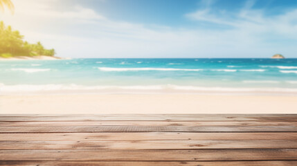 Sticker - Product background for montage, empty wooden surface with blurred sea beach on the background