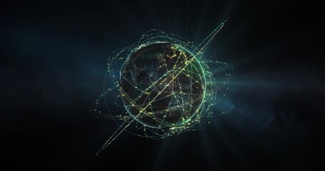 Wall Mural - 3d rendered animation of the planet earth surrounded by the spinning rings - concept of technology