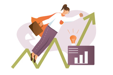Startup concept with people scene in the flat cartoon design. The girl quickly achieves her goal in a business. Vector illustration.