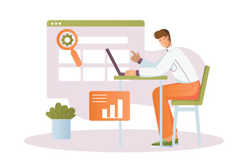 Wall Mural - seo concept with people scene in the flat cartoon design. a man solves complex issues of business pr