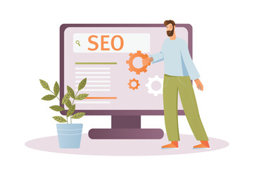 Wall Mural - seo concept with people scene in the flat cartoon design. the specialist works on the analysis of bu