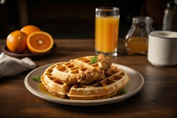 Poster - AI generated illustration of a plate of a freshly cooked chicken and waffle meal on a wooden table