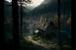 old village in forest dead landscape long trees background forest DD style 8k octane render high resolution view from far away view from the top high detail magical dark lighting atmosphere micro 