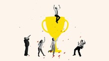 Stop Motion, 2D Animation. Creative Design, Contemporary Art Collage Of Group Of People Celebrating Victory, Dancing Around Gold Cup Trophy Symbol
