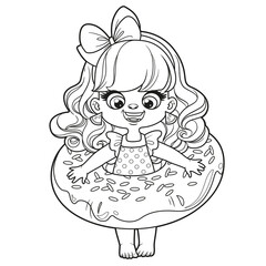 Poster - Cute cartoon girl in a swimsuit and with an donut inflatable ring for swimming coloring page on white background