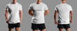 Mockup of white t-shirt on muscular man in shorts, shirt for gym, training, front, back, isolated on background. Set