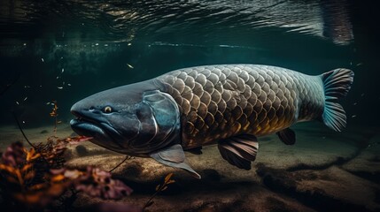 Wall Mural - Fish under water. Arapaima fish - Pirarucu Arapaima gigas one largest freshwater fish