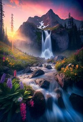 Wall Mural - Beautiful landscape featuring a cascading waterfall and a river flowing alongside it