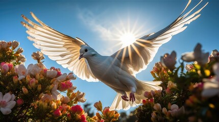 Holy Spirit came down in bodily shape, like dove. Bright light shines from heaven, white dove is symbol of purity and peace