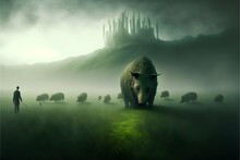 Mythological Beast Landscape Giant Shaggy Wild Boar Herd Of Tusked Wild Boar Huge Tusks Roaming Through Tall Grass Green Hills Mists Eerie Atmospheric Fog 