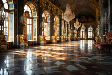 Aufkleber - Palace of Versailles is depicted in a geometric abstract style. The image breaks down the palace into geometric shapes and patterns. Generative AI technology.