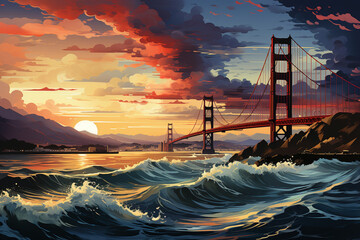 Fototapete - In this abstract depiction, the Golden Gate Bridge is transformed into a series of geometric shapes and patterns. The artwork plays with symmetry, angles, and negative space, Generative AI technology.