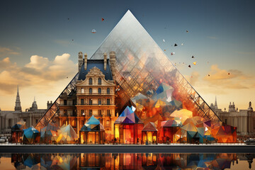 Fototapete - Louvre Museum, featuring fragmented shapes, overlapping textures, and juxtaposed images that symbolize the museum's diverse collection. Generative AI technology.