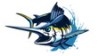 Marlin fishing logo vector; illustration. Swordfish fishing emblem isolated. Ocean fish logo. Saltwater fishing theme.