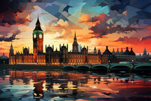 An Abstract Painting Of The Palace Of Westminster, Featuring Bold Geometric Shapes And Vibrant Colors That Capture The Architectural Grandeur . Generative AI Technology.