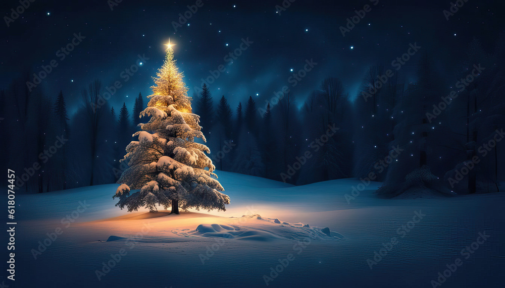 Snow covered christmas tree in winter forest with copy space at night ...