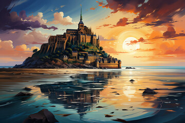 Fototapete -  Mont Saint-Michel, incorporating geometric elements, bold brushstrokes, and a vibrant color palette to create a visually captivating and emotionally expressive. Generative AI technology.