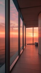 Sticker - AI generated illustration of an expansive hallway with wide glass windows showcasing a sea at sunset