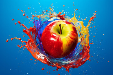 Poster - An abstract surreal photograph of a Apple splashed in bright paint, symbolizing freshness and health.  Generative AI technology.