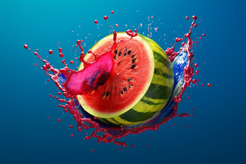 Poster - An abstract surreal photograph of a Watermelon splashed in bright paint, symbolizing freshness and health. Generative AI technology.