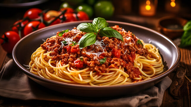  Spaghetti with meatballs and tomato sauce, italian pasta created with Generative AI 