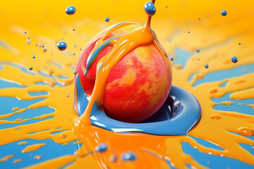 Poster - An abstract surreal photograph of a Apricot splashed in bright paint, symbolizing freshness and health.  Generative AI technology.