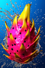 Poster - An vibrant image of a Dragon fruit splashed in bright paint, symbolizing freshness and health.  Generative AI technology.