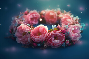 Aufkleber - An image of a flower crown made with delicate Peony, smooth elegant transparent fabric on bright bokeh background.  Generative AI technology.