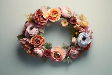 Aufkleber - An image of a flower crown made with pastel-colored ranunculus flowers, adding a soft and romantic touch.  Generative AI technology.