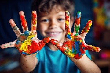 Happy child showing hands covered in paint after painting at art class. Generative Ai image