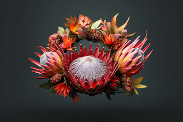 Leinwandbilder - A flower crown composed of bold and exotic protea flowers, creating a statement piece with their vibrant colors and unique shape.  Generative AI technology.