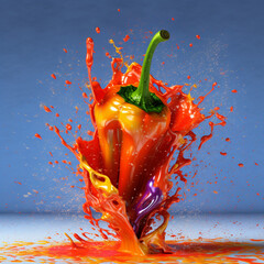 Aufkleber - An abstract surreal photograph of a Cayenne pepper splashed in bright paint.  Generative AI technology.