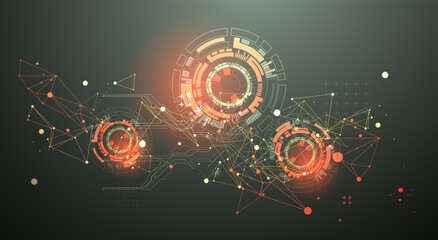 Abstract background with plexus effect. Scientific and technological concept with the use of technical elements formed in the shape of a circle.