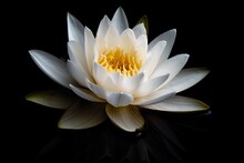Symbol Of Purity. Closeup Of Fresh White Lotus Flower On Black Background