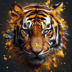 Aufkleber - An abstract surreal photograph of a Tiger's eye splashed in bright paint. Generative AI technology.