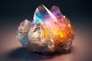 Poster - An artistic photo of Quartz, displaying its clear or milky white color, hexagonal prismatic shape, and its association with healing properties.  Generative AI technology.