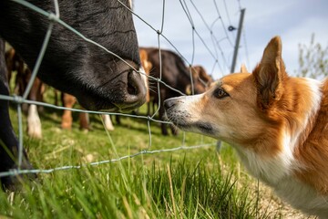 Wall Mural - Close-up shot of an Icelandic dog looking at a cow behind the fence