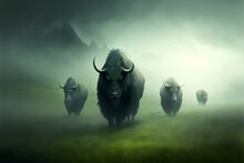Massive Giant Tusked Wild Boars Collossal Wild Pigs Roaming Through Tall Grass Green Hills Mists Eerie 