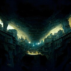 birdseye view of an ancient metropolis underground in a huge dark deep cave2 many buildings dark ultrawide shot detailed shadows unreal engine 5 8k cinematic lighting backlit streetlights 