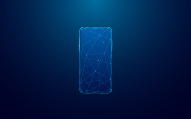 Leinwandbilder - Abstract Empty Phone Screen in Blue Low Poly Style. Front View of Smartphone on Techno Dark Blue Background. Digital Smart Device. Modern Technology Concept. Wireframe 3D Vector Illustration.