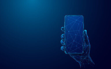 Leinwandbilder - Abstract Digital Right-Hand Holding Mobile Phone With Empty Screen. Technology Concept. Smartphone on Dark Blue Background. Wireframe Light Connection Structure. Modern Low Poly 3D Vector Illustration