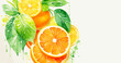 Watercolor Ripe Orange Fruit Illustration with Green Leaves and Colorful Paint Splash Isolated on White Background. Aquarelle Wallpaper Design for Banner, Poster, Invitation, Menu or Card.